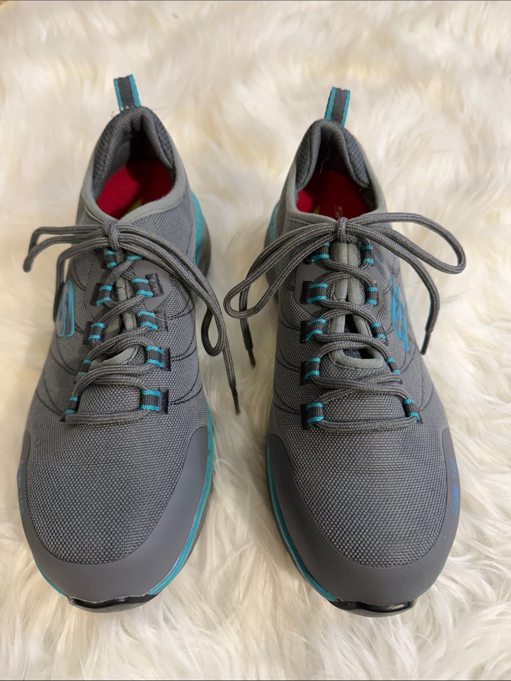 Skechers Gray non-slip , comp toe Sneakers with Teal Accents